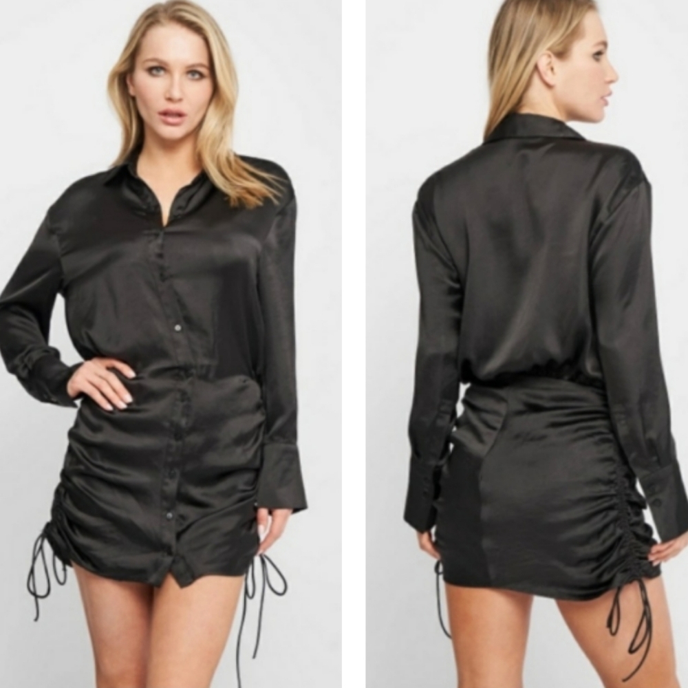 Zara Black Satin Ruched Blouson Shirt Mini Dress Medium